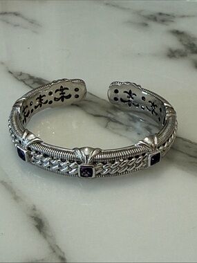 Judith Ripka sterling silver hinged bracelet with amethysts